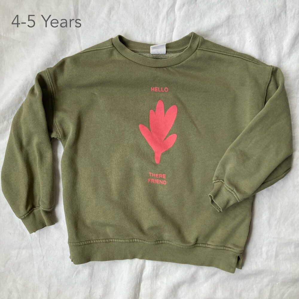 💙2/$25 Zara 4-5 Years Toddler Kids Green Sweatshirt Leaf Hoodie Fall Winter
